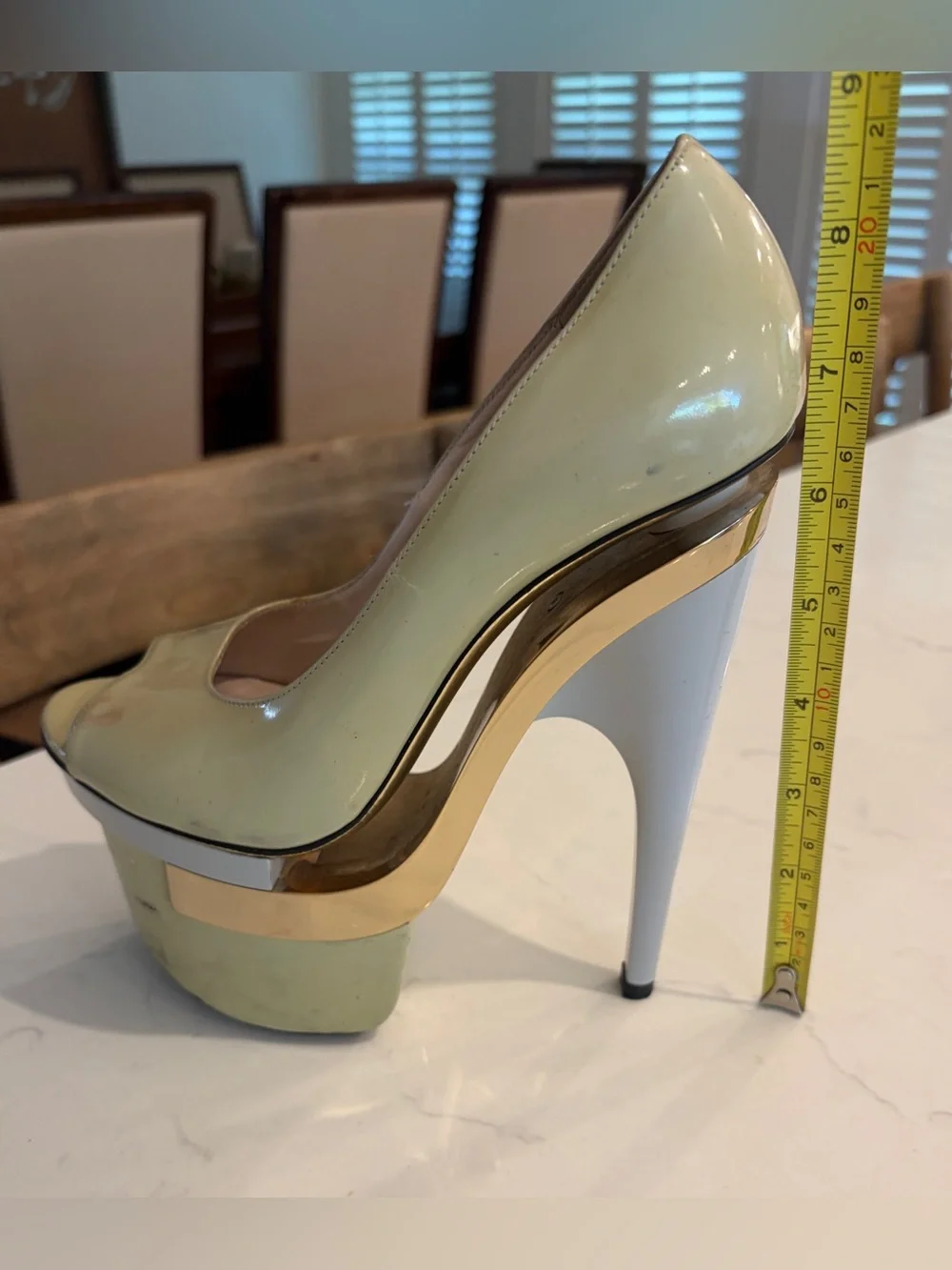 Versace Triple Platform Patent and Leather Pumps, pale green & gold